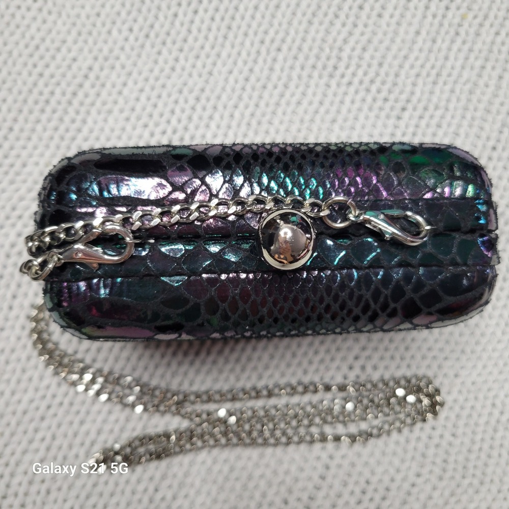 Lodis Palm Springs Iridescent Snakeskin Look Box Clutch Oil Slick Crossbody - Picture 2 of 11